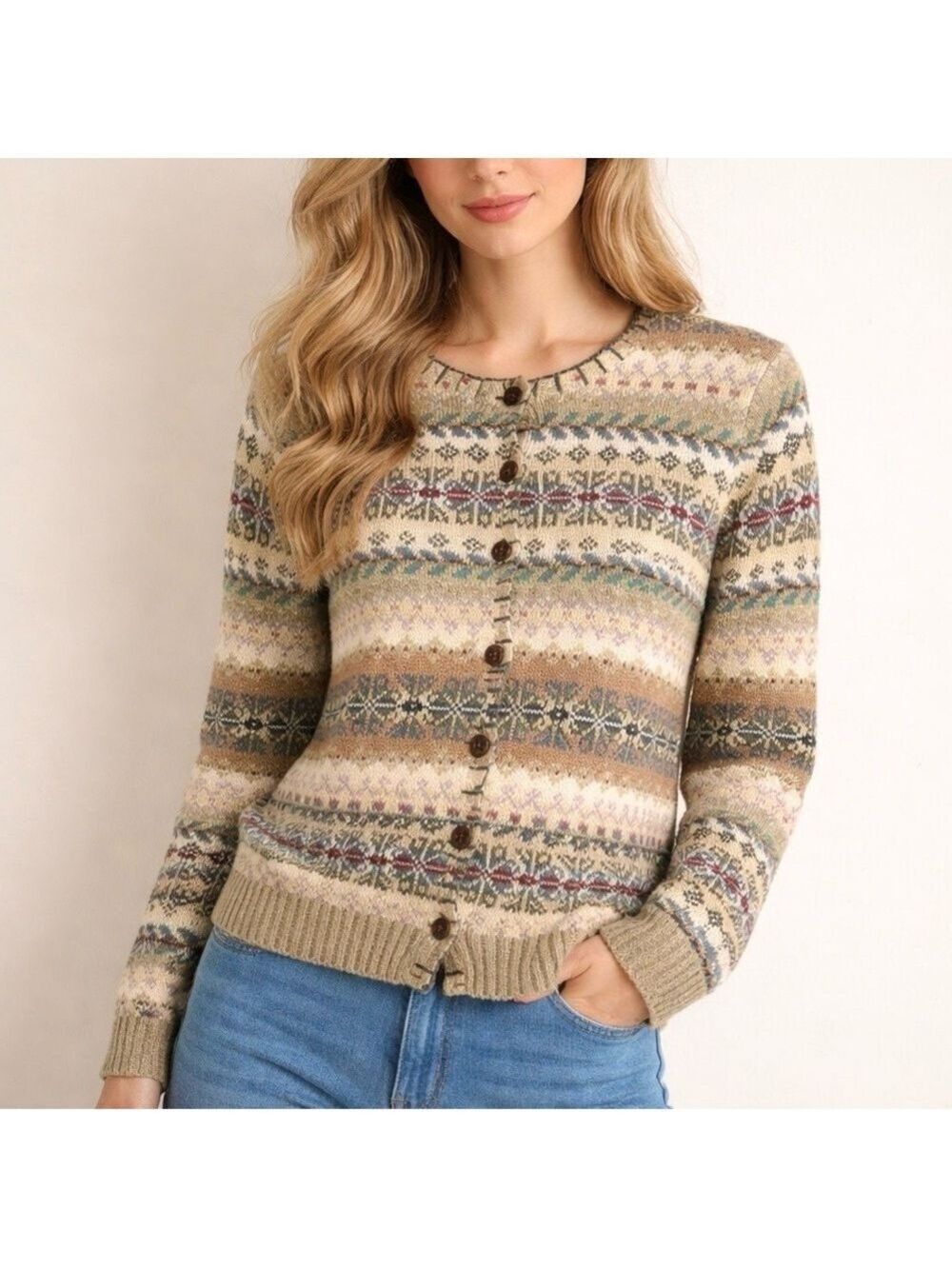 VTG Heirloom Collectibles Fair Isle Multi Knit Cotton Cardigan size small